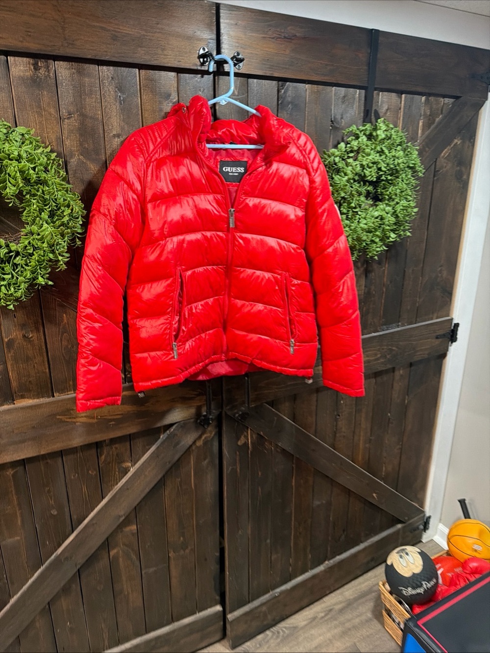 Guess Unisex Red Hooded Puffer Coat Jacket Size L